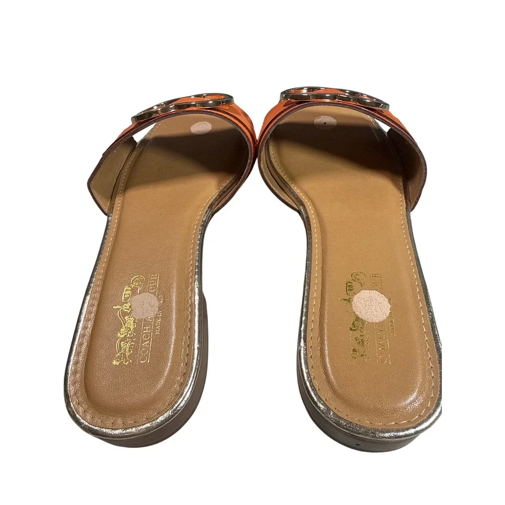 Coach Annecy Orange Pebble Grain Leather Slide Sandals Gold Buckle Italy 8